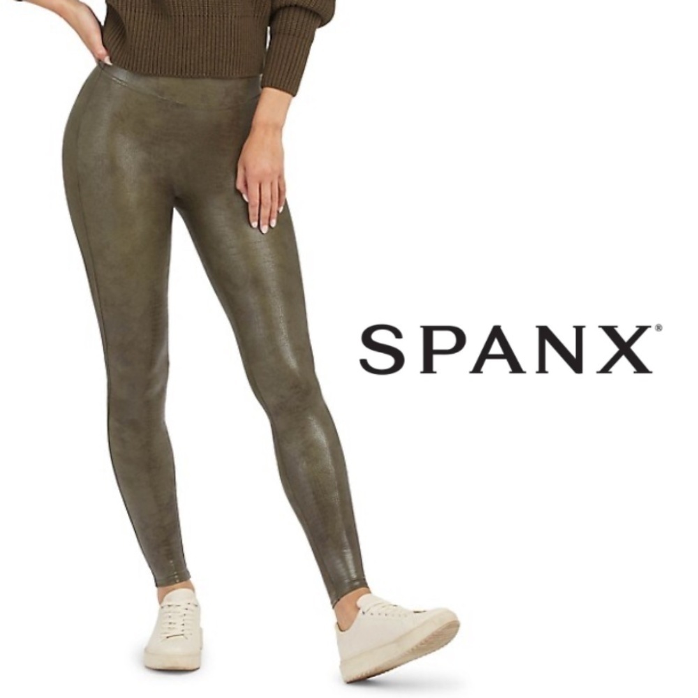 Spanx NWT Faux Leather Croc Shine Leggings - Darkened Olive - Size XS